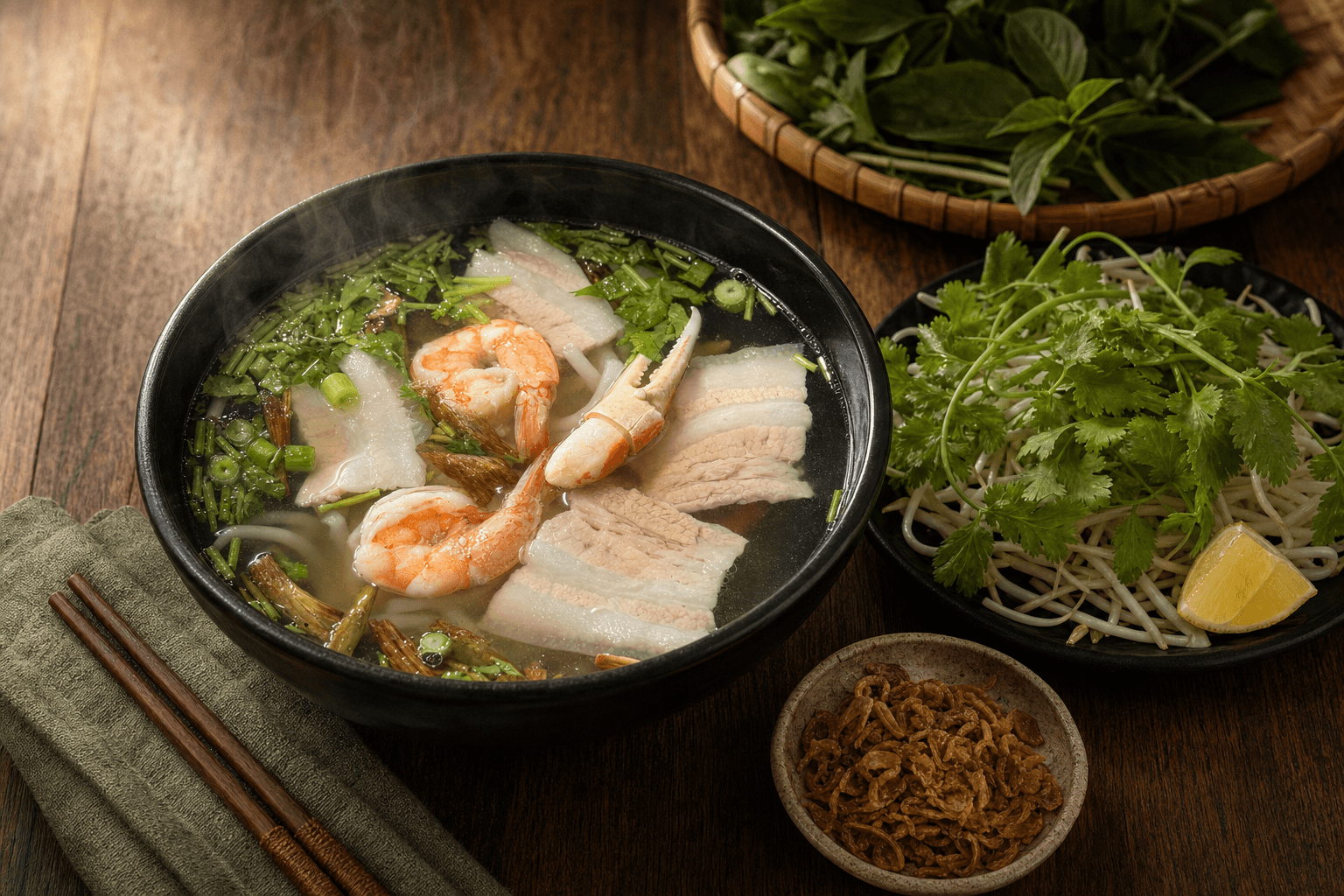 Bánh Canh Tôm Cua, a steaming noodle soup with shrimp and crab